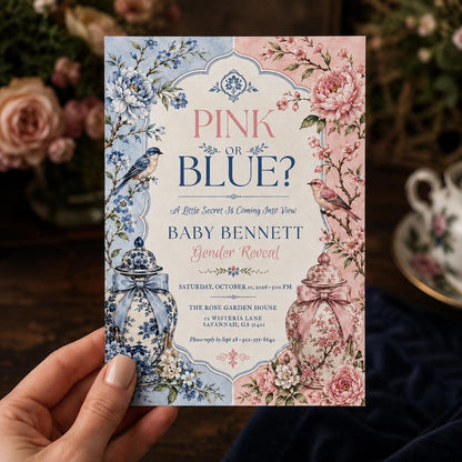 Pink or Blue Chinoiserie Gender Reveal Invitation — print-ready gender reveal design from VoltBy