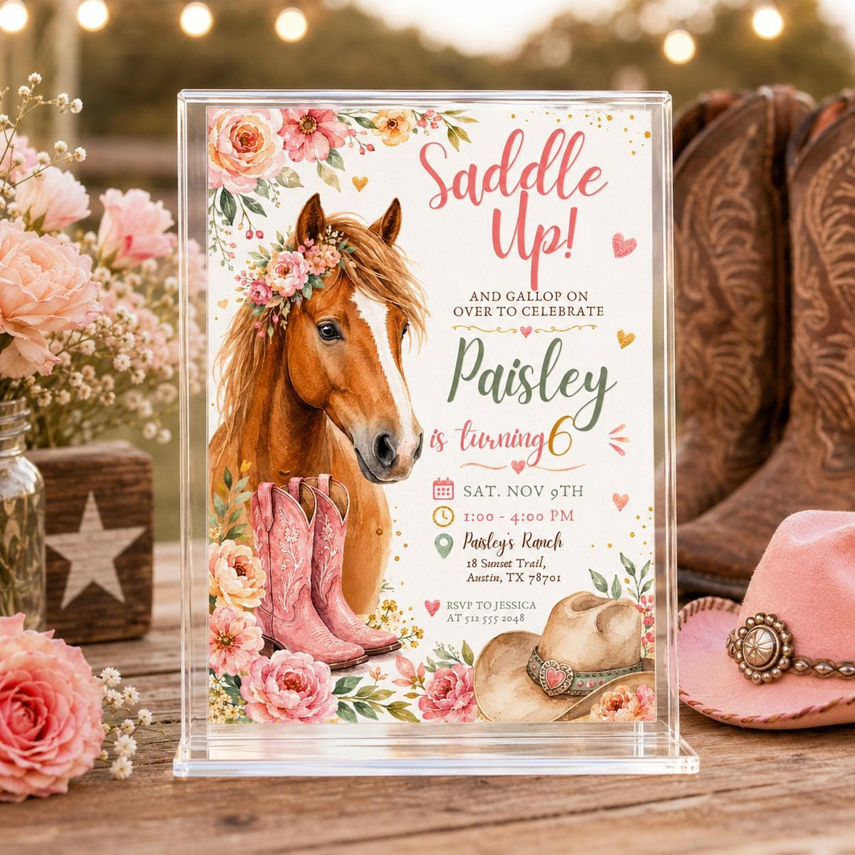 Pink Pastel Cowgirl Horse Birthday Invitation — invitation you personalize in Canva