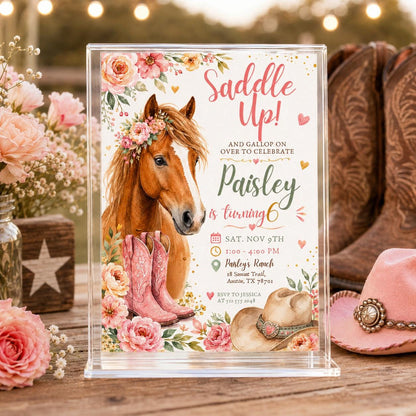 Pink Pastel Cowgirl Horse Birthday Invitation — invitation you personalize in Canva