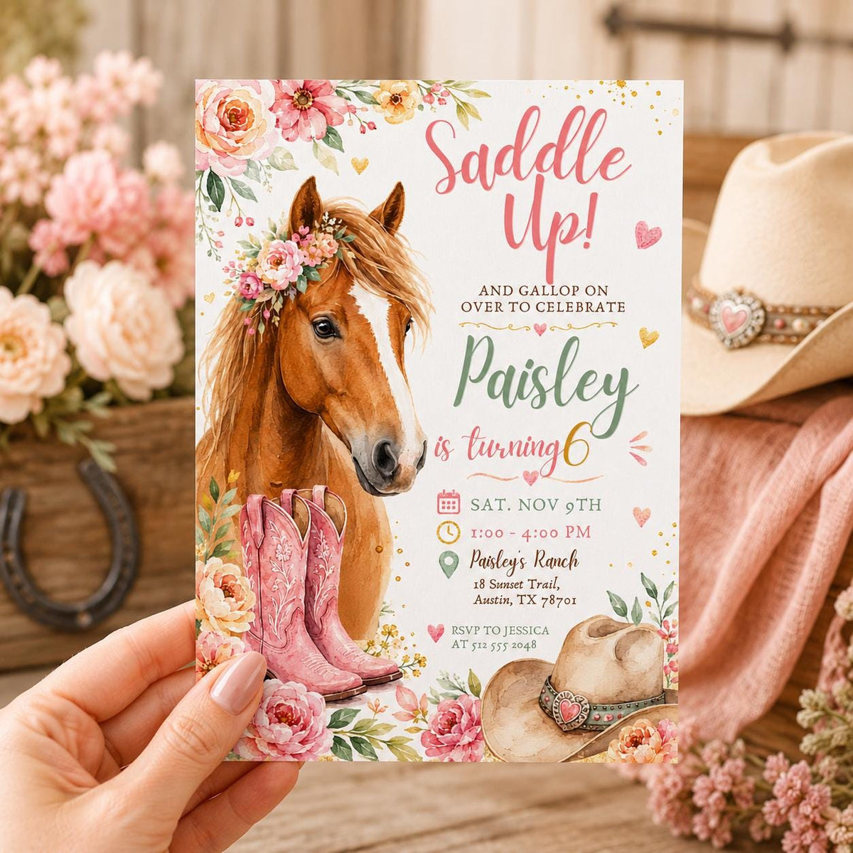 Pink Pastel Cowgirl Horse Birthday Invitation — floral birthday party design