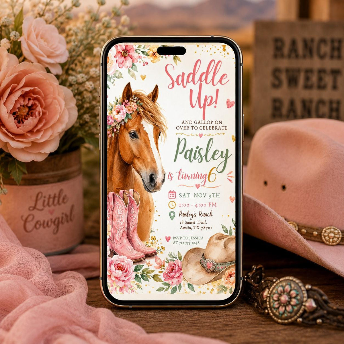 Pink Pastel Cowgirl Horse Birthday Invitation — print-ready birthday party design from VoltBy