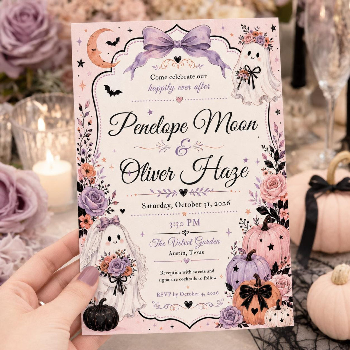 Pink Pastel Halloween Wedding Invitation — invitation you personalize in Canva