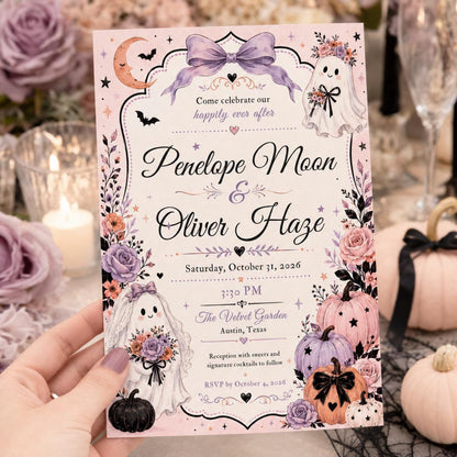 Pink Pastel Halloween Wedding Invitation — invitation you personalize in Canva