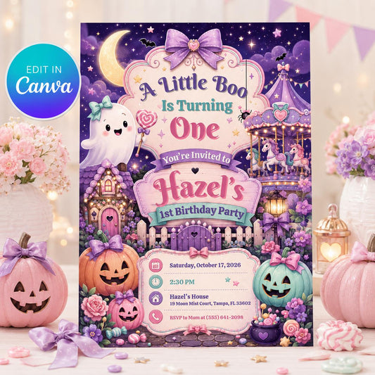 Pink Pastel Little Boo First Birthday Invitation for Girls — editable Canva template