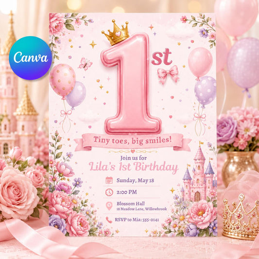 Pink Pastel Princess 1st Birthday Invitation for Girls — editable Canva template