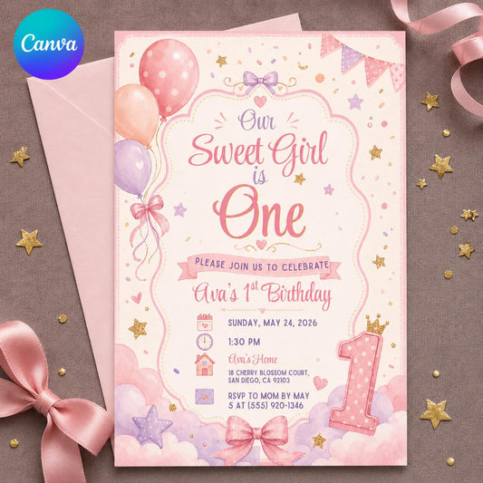 Pink Pastel Sweet Girl First Birthday Invitation — editable Canva template