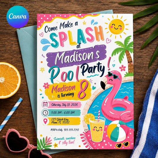 Pink Pool Party 8th Birthday Invitation for Girls — editable Canva template