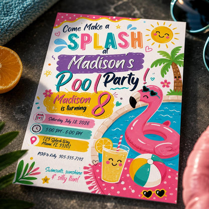 Pink Pool Party 8th Birthday Invitation for Girls — digital invitation, instant download