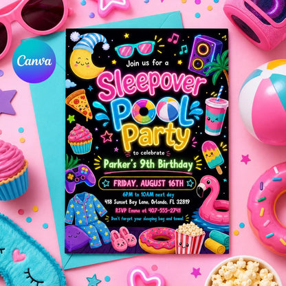 Pink Pool Party and Sleepover Birthday Invitation for Girls — editable Canva template