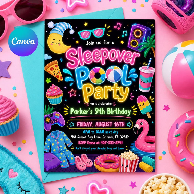 Pink Pool Party and Sleepover Birthday Invitation for Girls
