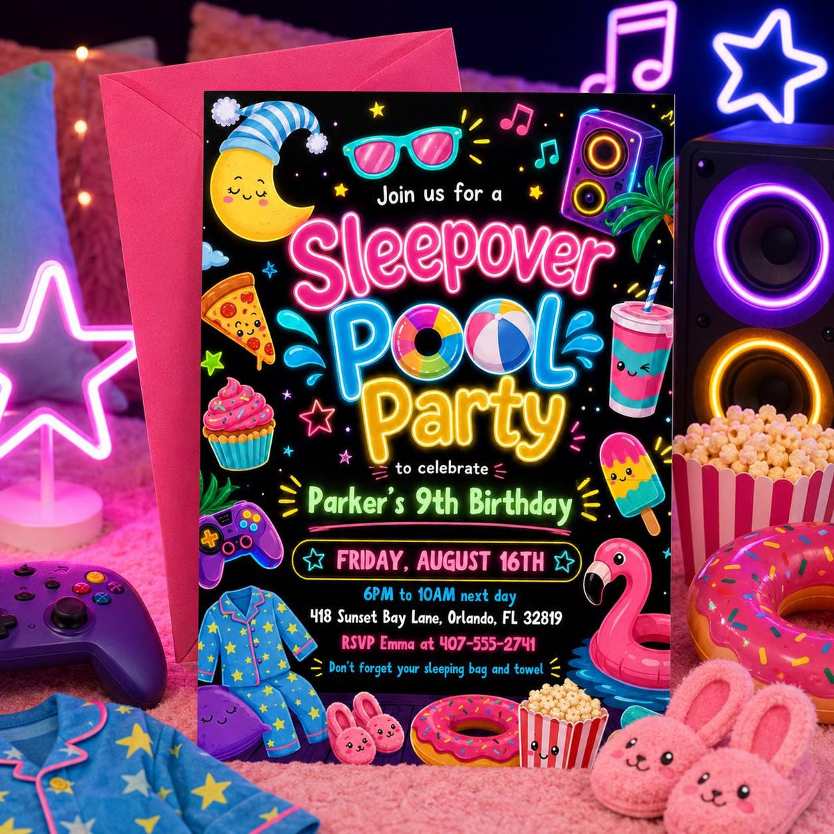 Pink Pool Party and Sleepover Birthday Invitation for Girls — invitation you personalize in Canva