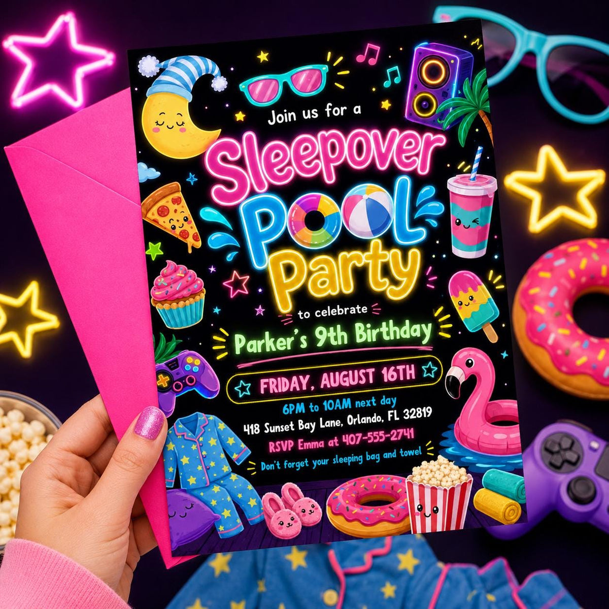 Pink Pool Party and Sleepover Birthday Invitation for Girls — print-ready birthday party design from VoltBy