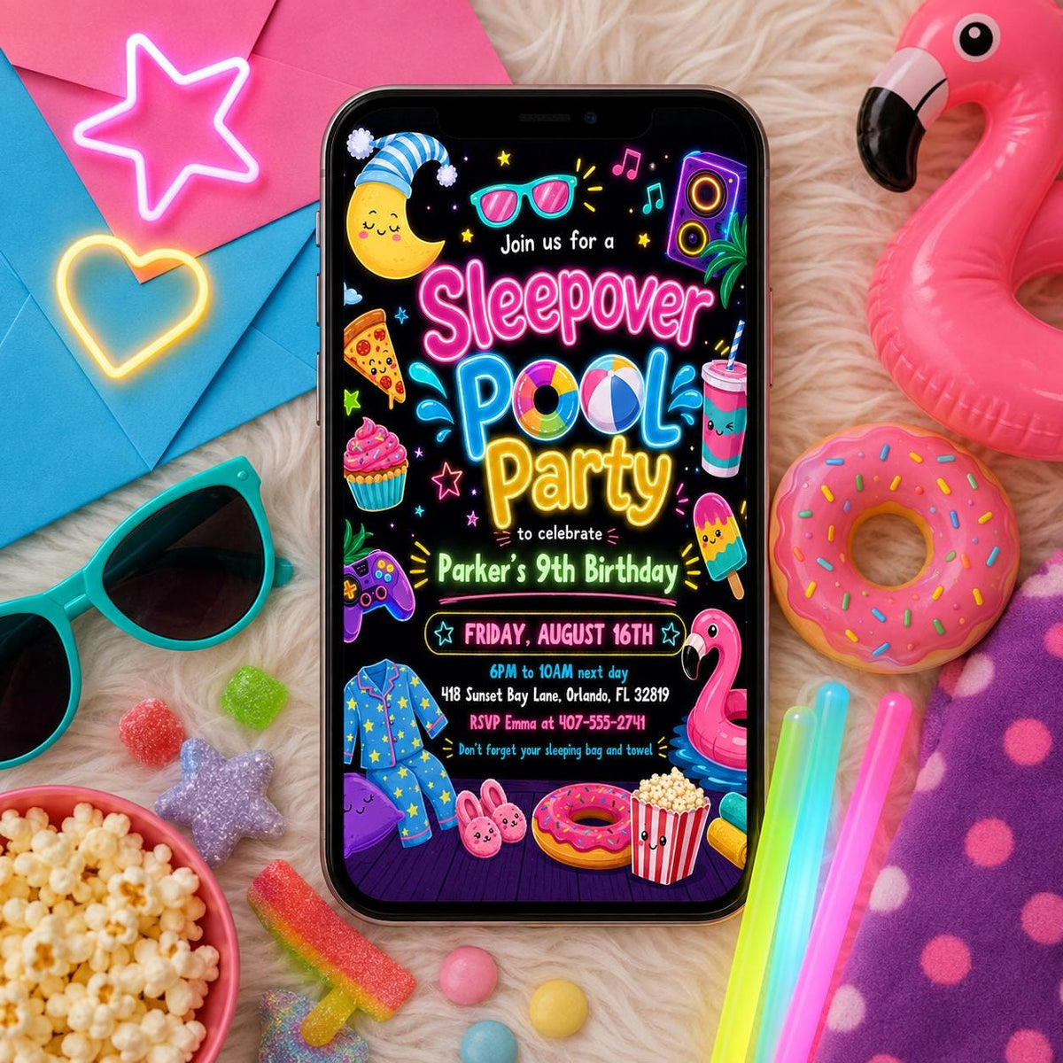 Pink Pool Party and Sleepover Birthday Invitation for Girls — digital invitation, instant download