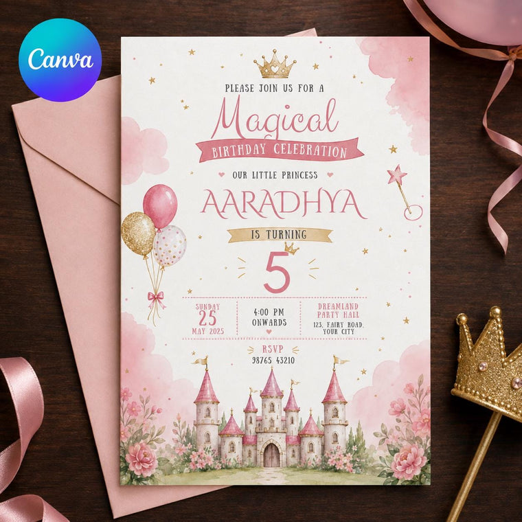 Pink Princess 5th Birthday Invitation: Magical Royal Party