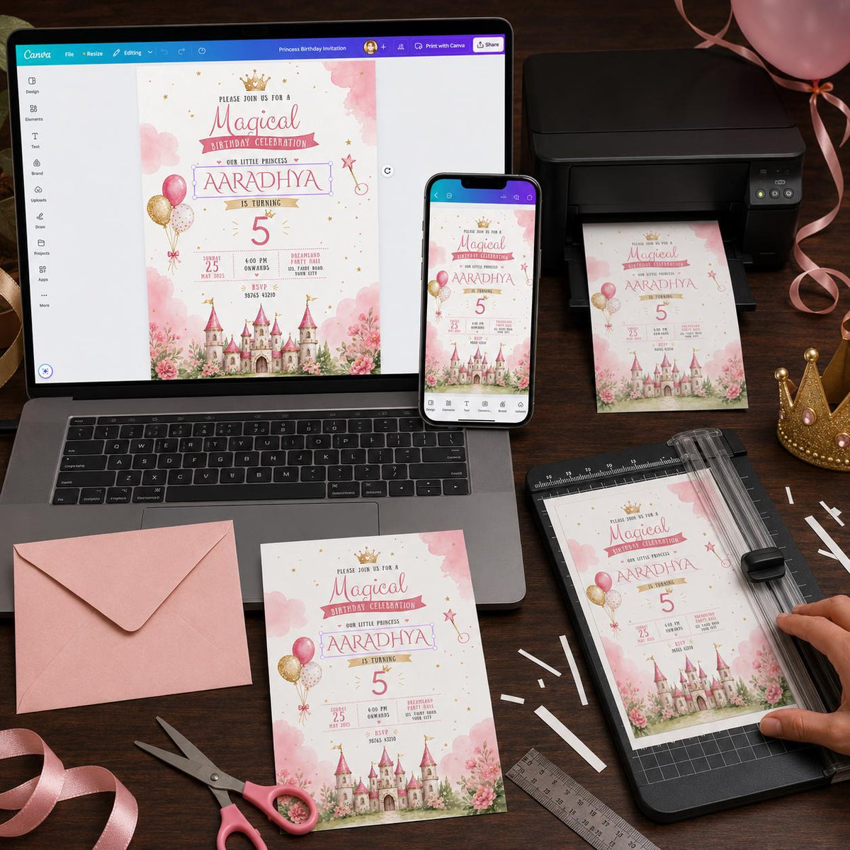 Pink Princess 5th Birthday Invitation: Magical Royal Party — print-ready 5th birthday party design from VoltBy