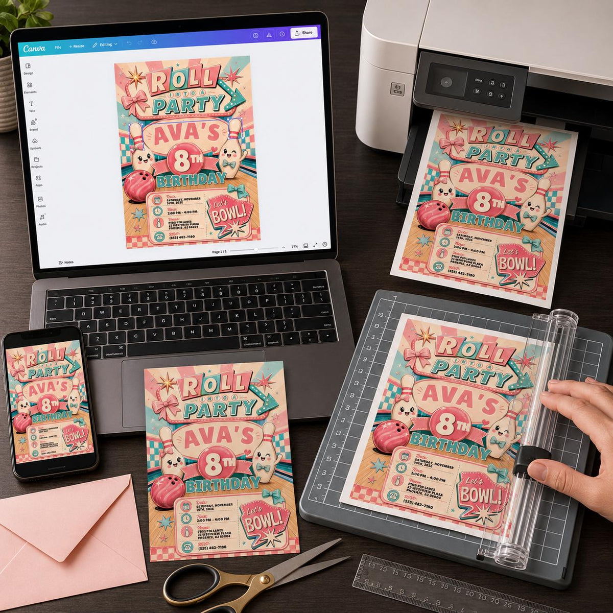 Pink Retro Bowling 8th Birthday Invitation for Girls — print-ready 8th birthday party design from VoltBy
