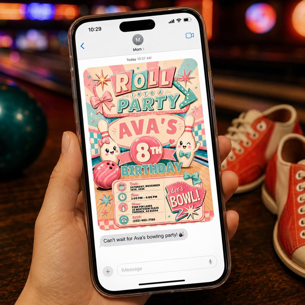 Pink Retro Bowling 8th Birthday Invitation for Girls — 8th birthday party stationery by VoltBy