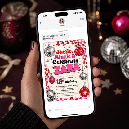 Pink Retro Christmas 15th Birthday Invitation for Girls — disco ball design