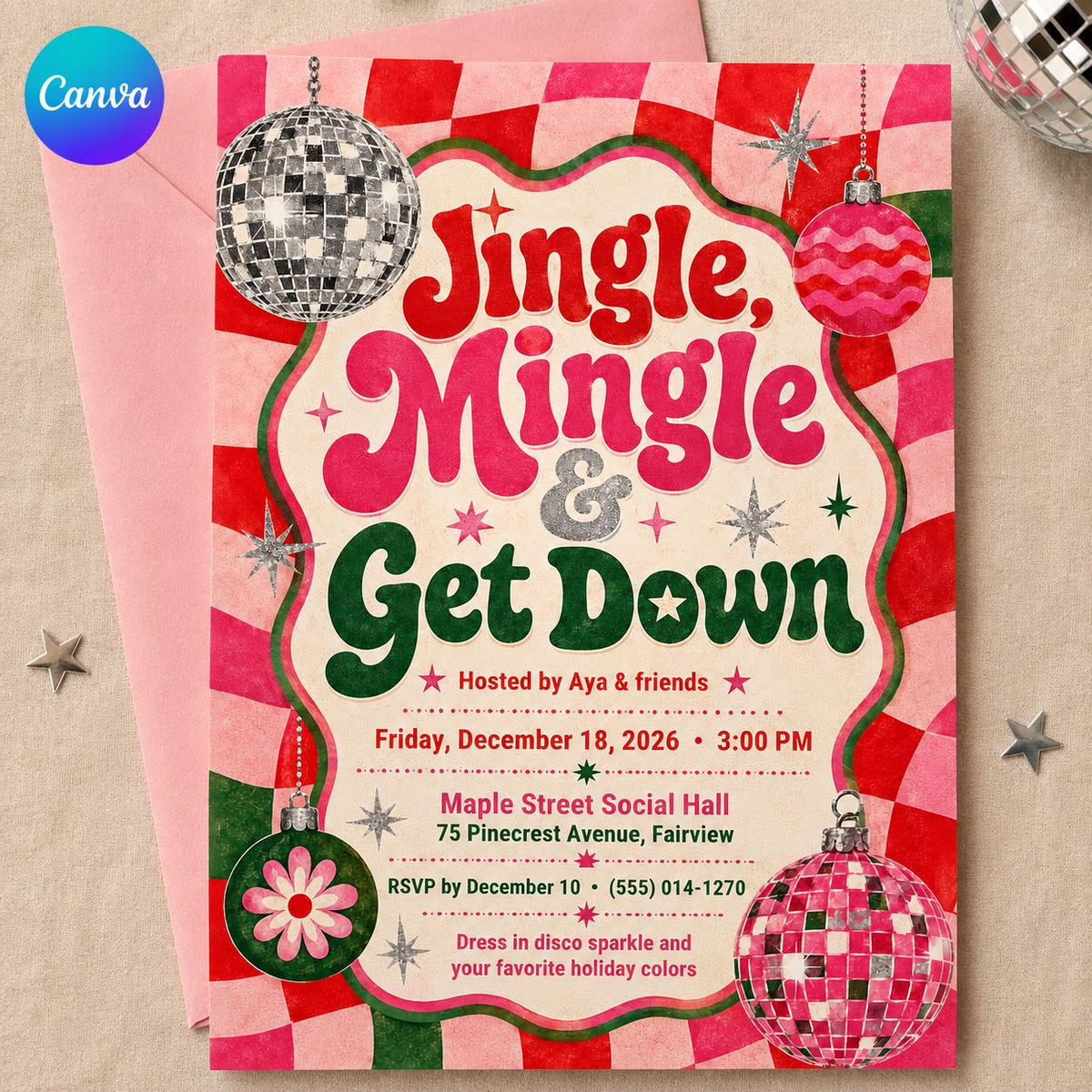 Pink Retro Christmas Disco Invitation — editable Canva template