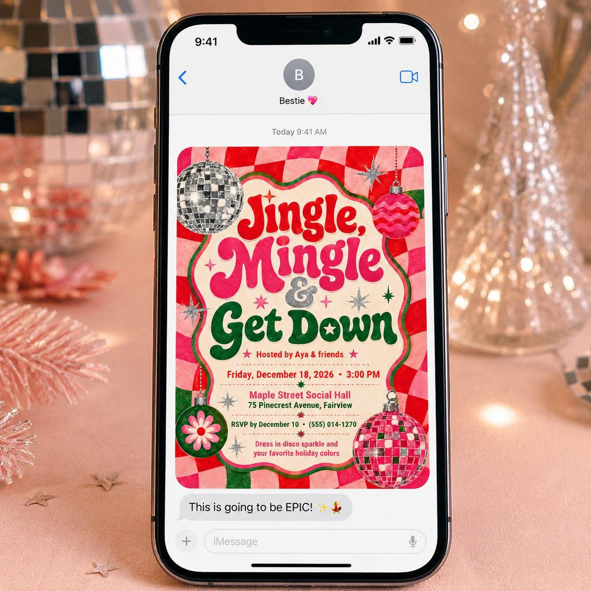 Pink Retro Christmas Disco Invitation — dance and ball design