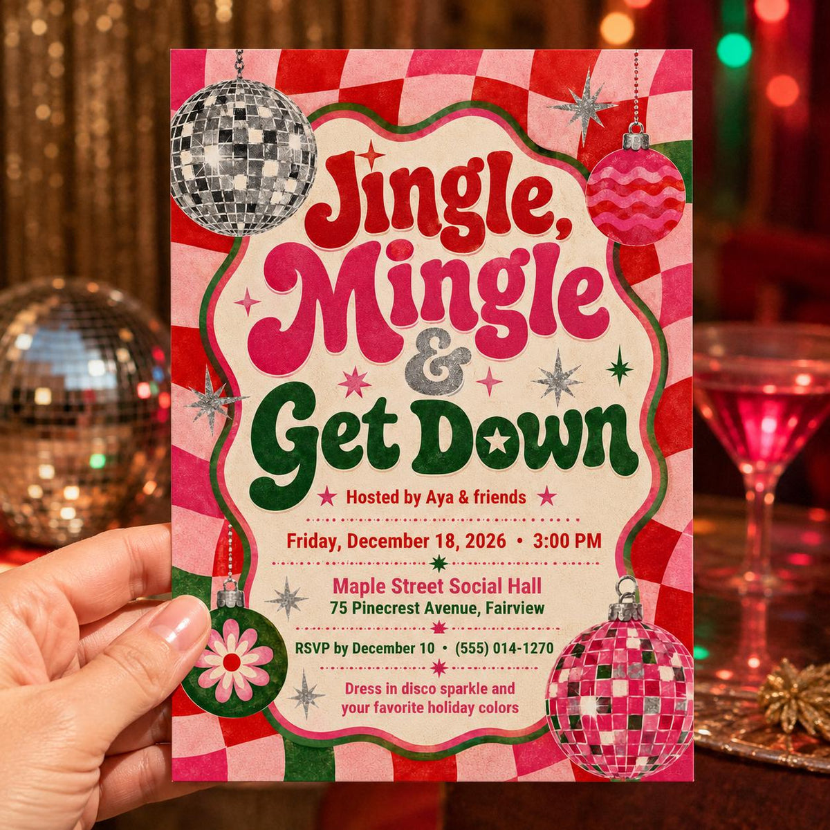 Pink Retro Christmas Disco Invitation — invitation you personalize in Canva