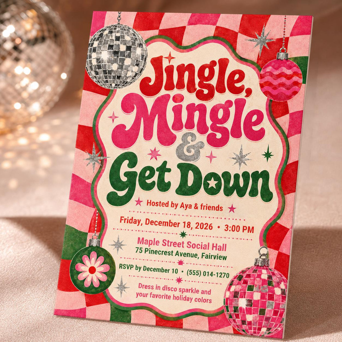 Pink Retro Christmas Disco Invitation — print-ready Christmas celebration design from VoltBy