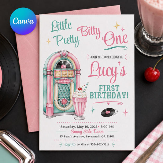 Pink Retro First Birthday Invitation for Girls — editable Canva template
