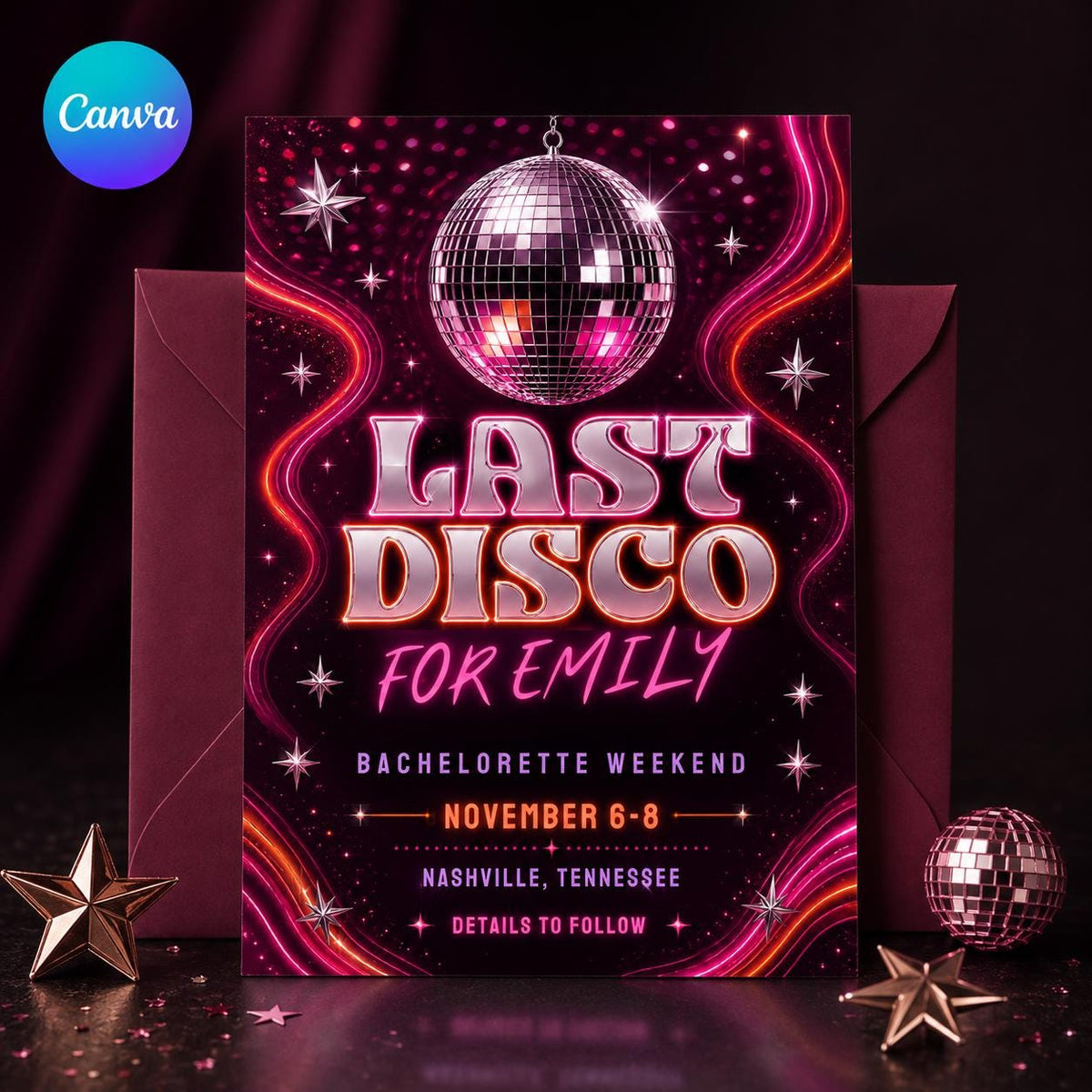 Pink Retro Last Disco Bachelorette Invitation — editable Canva template