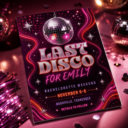 Pink Retro Last Disco Bachelorette Invitation — digital invitation, instant download