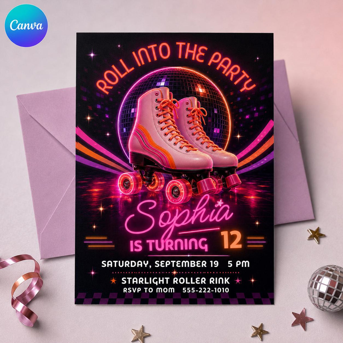 Pink Retro Roller Disco 12th Birthday Invitation — editable Canva template