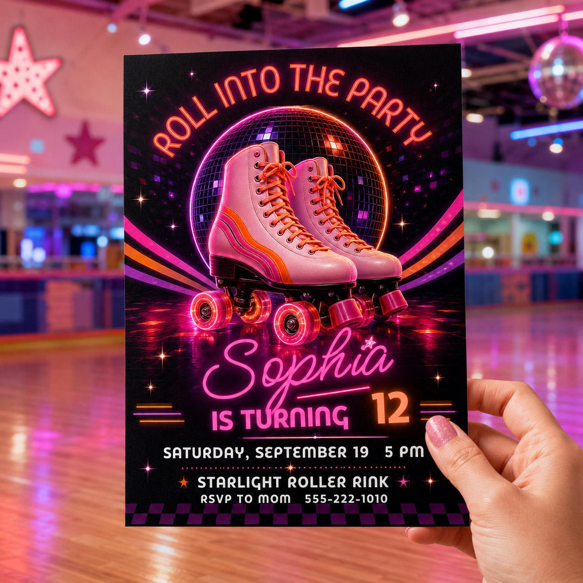 Pink Retro Roller Disco 12th Birthday Invitation — invitation you personalize in Canva