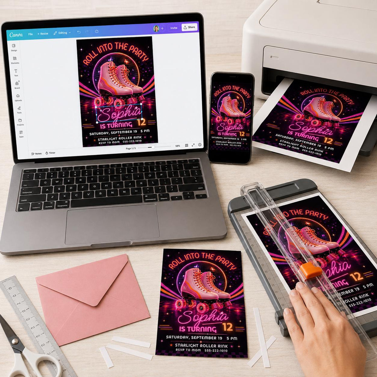 Pink Retro Roller Disco 12th Birthday Invitation — print-ready 12th birthday party design from VoltBy