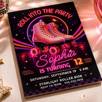 Pink Retro Roller Disco 12th Birthday Invitation — digital invitation, instant download