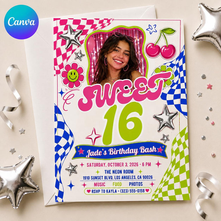 Pink Retro Sweet 16 Birthday Invitation