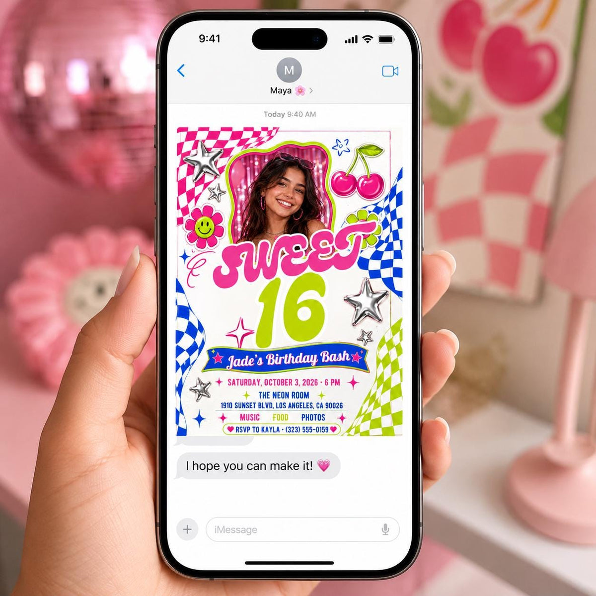Pink Retro Sweet 16 Birthday Invitation — invitation you personalize in Canva