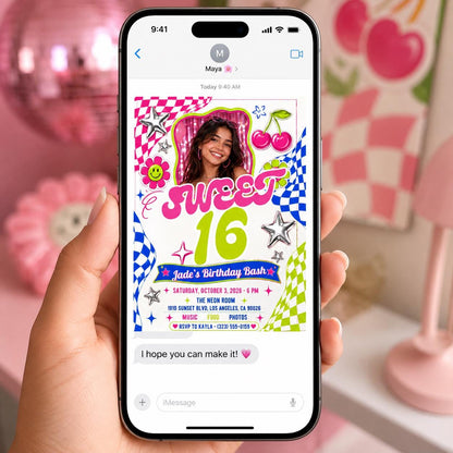Pink Retro Sweet 16 Birthday Invitation — invitation you personalize in Canva