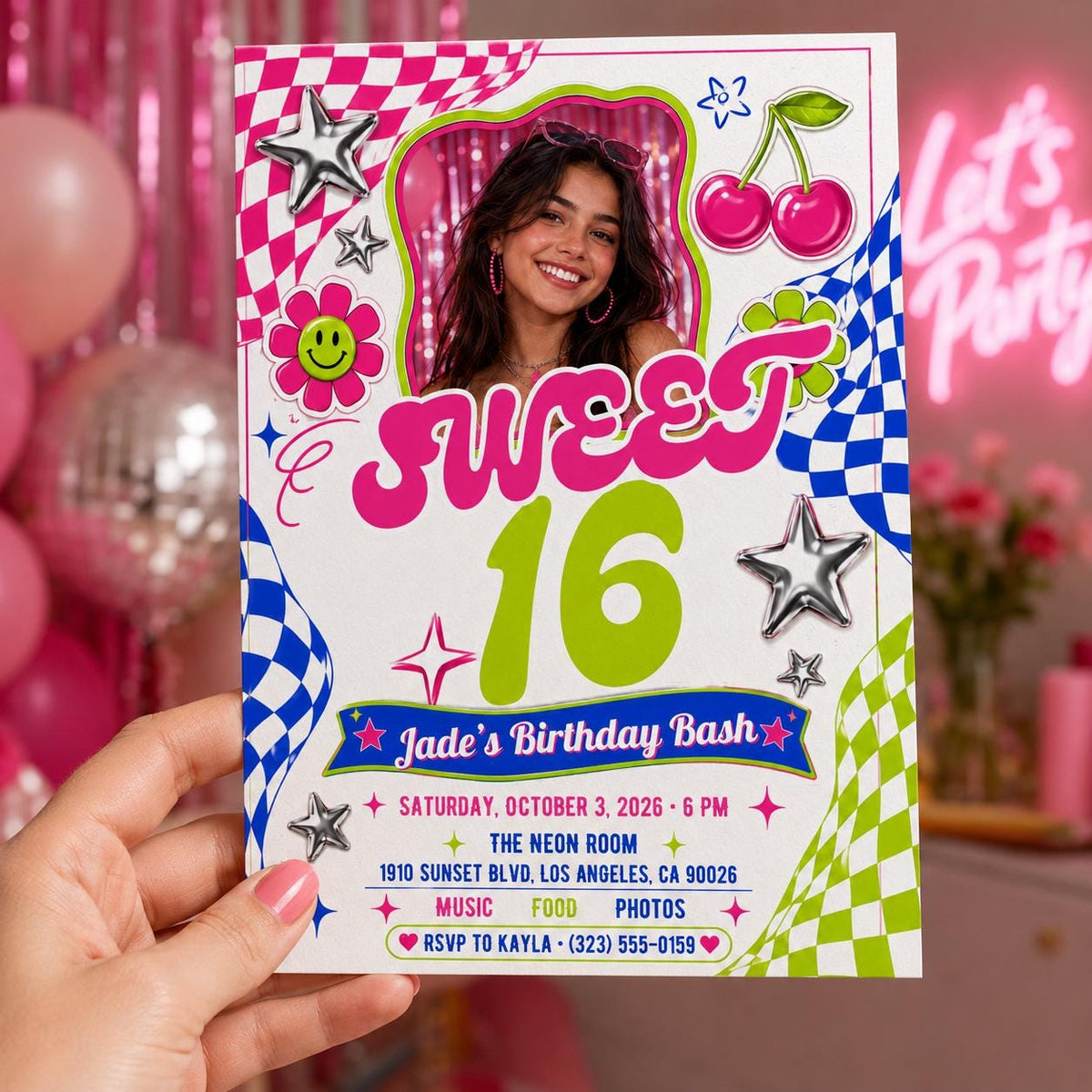 Pink Retro Sweet 16 Birthday Invitation — checkered sweet 16 design
