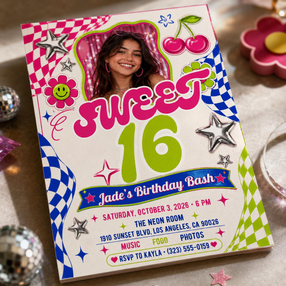 Pink Retro Sweet 16 Birthday Invitation — digital invitation, instant download