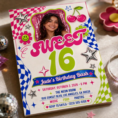 Pink Retro Sweet 16 Birthday Invitation — digital invitation, instant download
