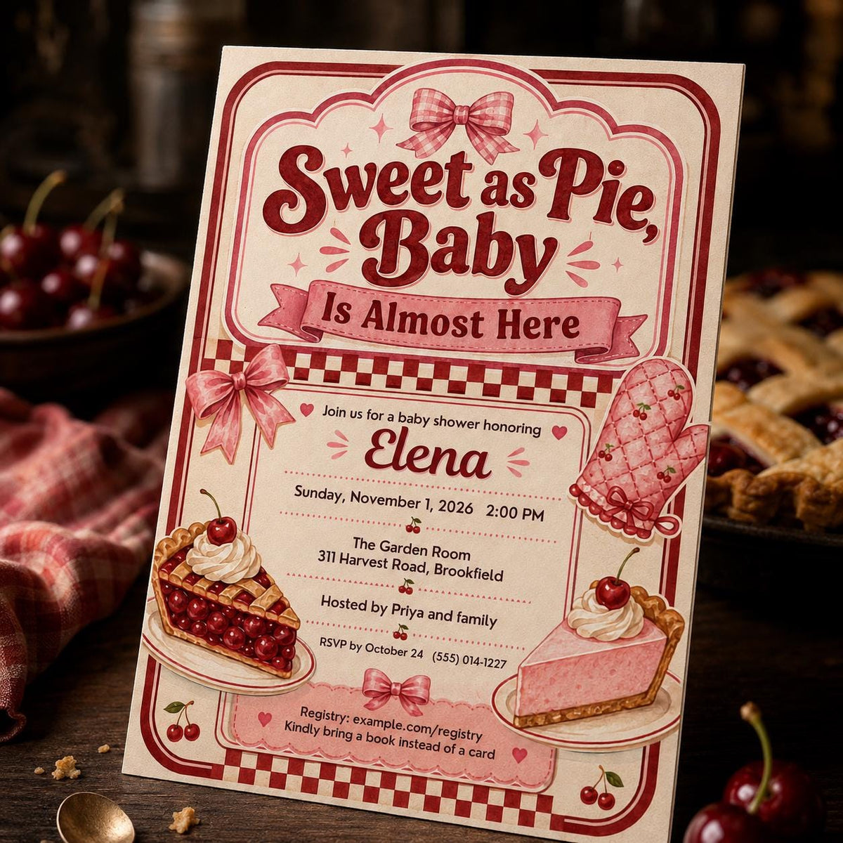 Pink Retro Sweet as Pie Baby Shower Invitation for Girls — invitation you personalize in Canva