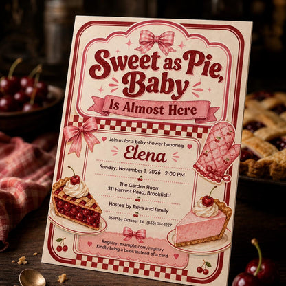 Pink Retro Sweet as Pie Baby Shower Invitation for Girls — invitation you personalize in Canva