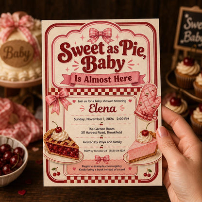 Pink Retro Sweet as Pie Baby Shower Invitation for Girls — print-ready baby shower design from VoltBy