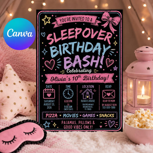 Pink Sleepover Birthday Invitation for Girls — editable Canva template