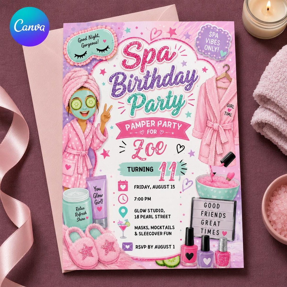 Pink Spa Birthday Invitation for Girls — editable Canva template