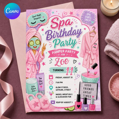 Pink Spa Birthday Invitation for Girls — editable Canva template
