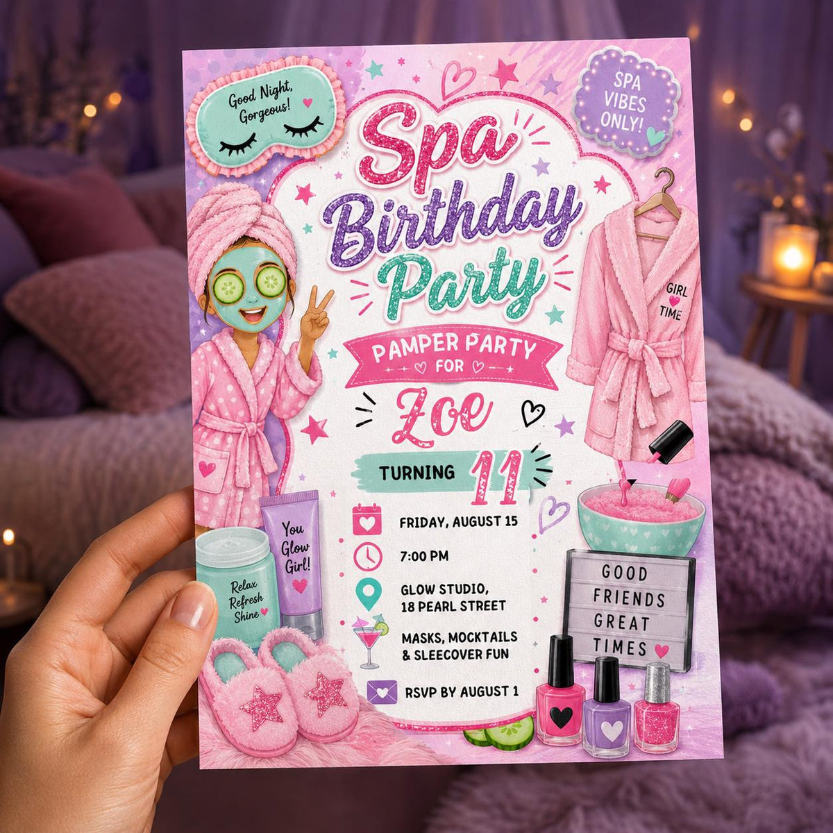 Pink Spa Birthday Invitation for Girls — sleepover design