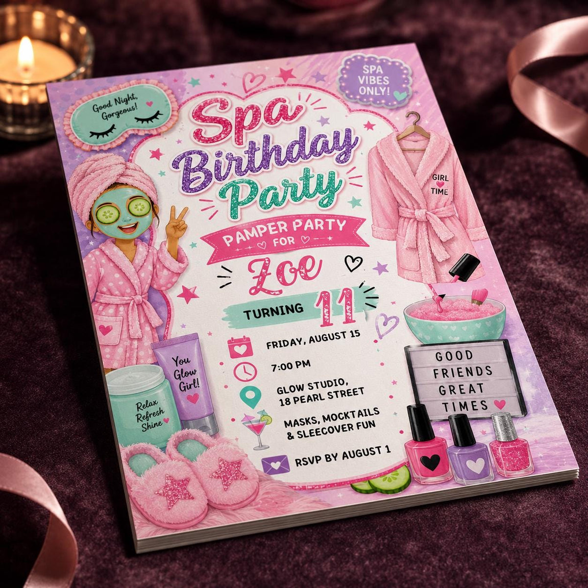 Pink Spa Birthday Invitation for Girls — print-ready birthday party design from VoltBy