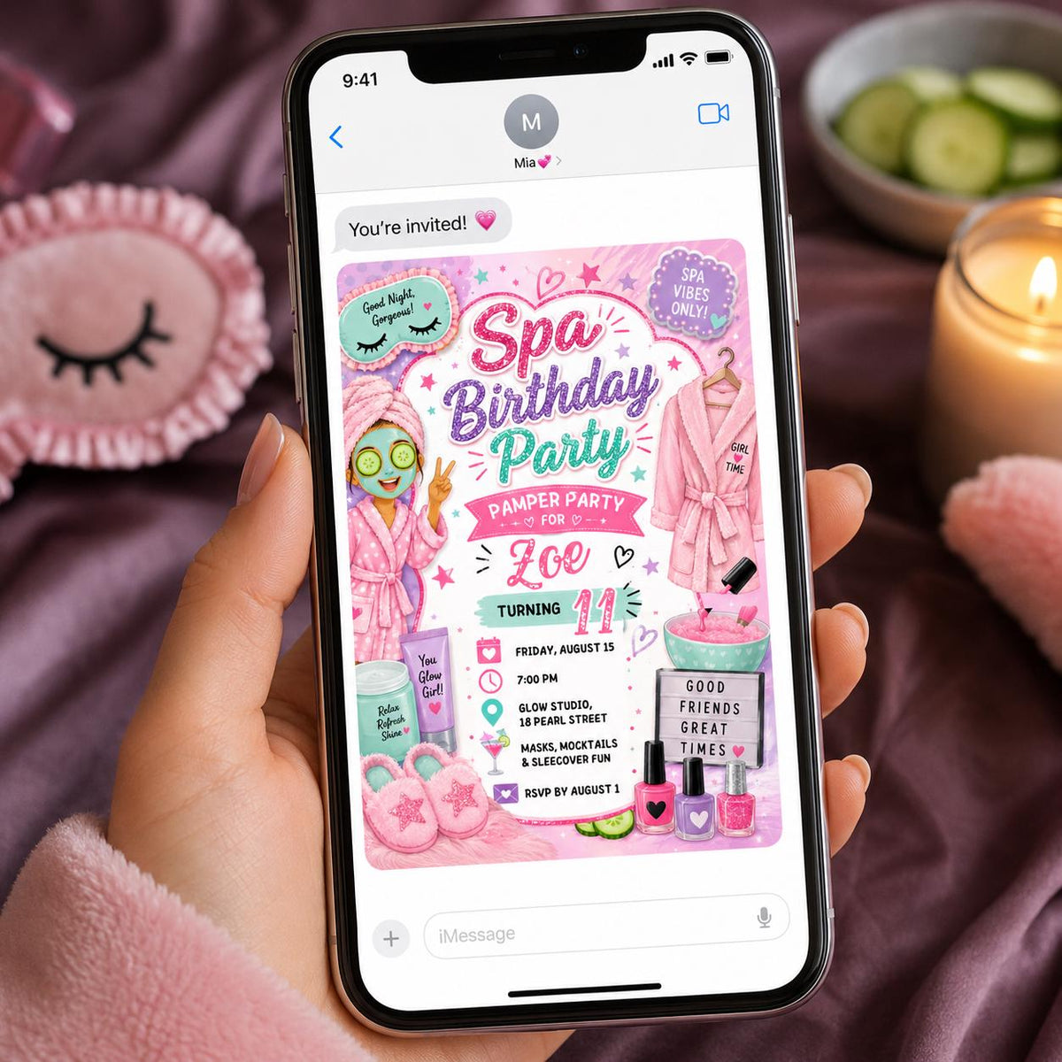 Pink Spa Birthday Invitation for Girls — digital invitation, instant download
