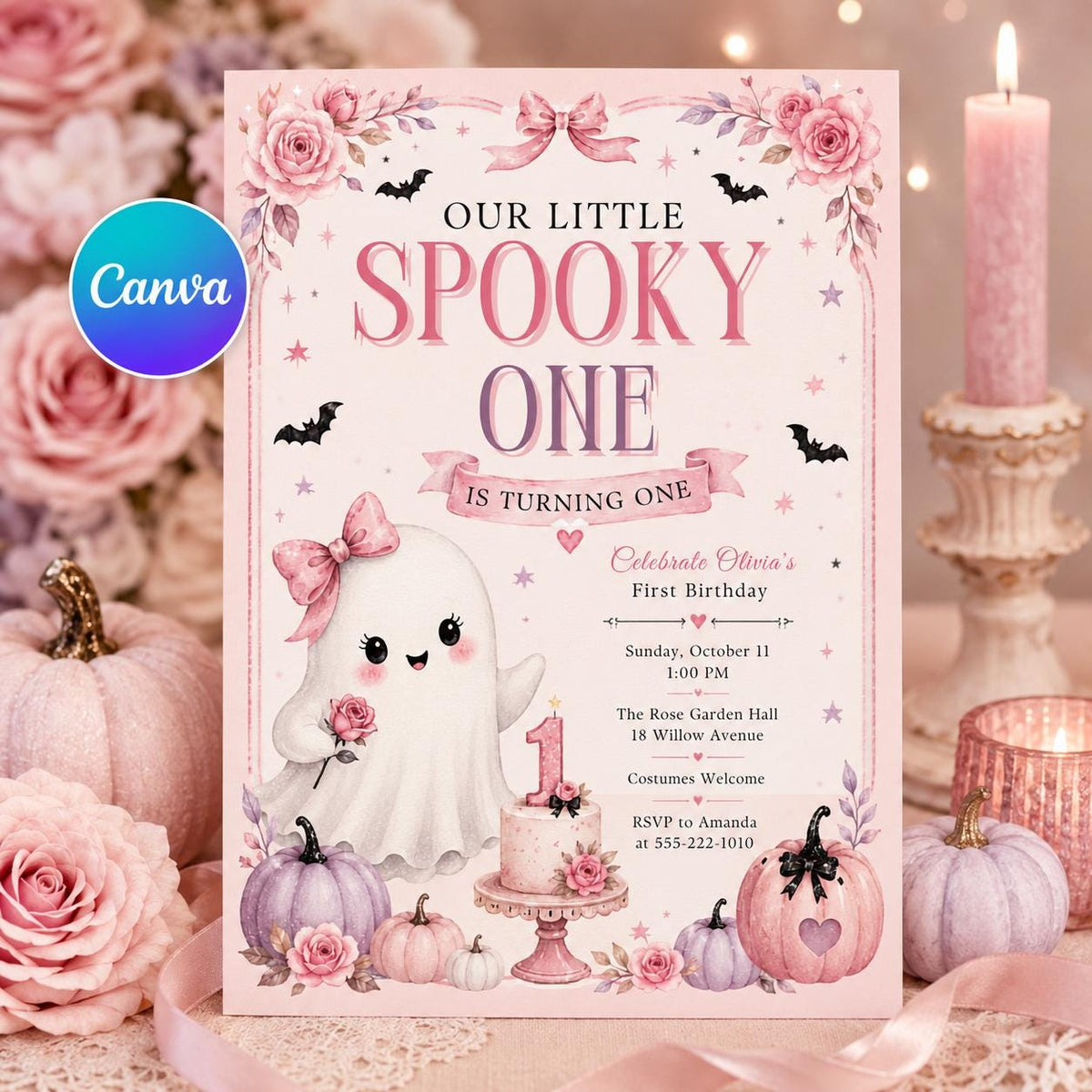 Pink Spooky One First Birthday Invitation for Girls — editable Canva template