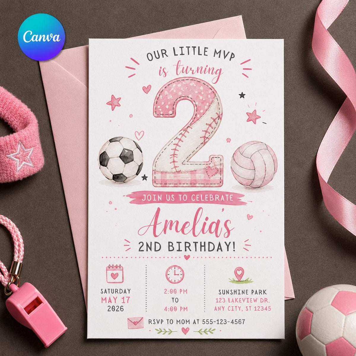 Pink Sports 2nd Birthday Invitation for Girls — editable Canva template